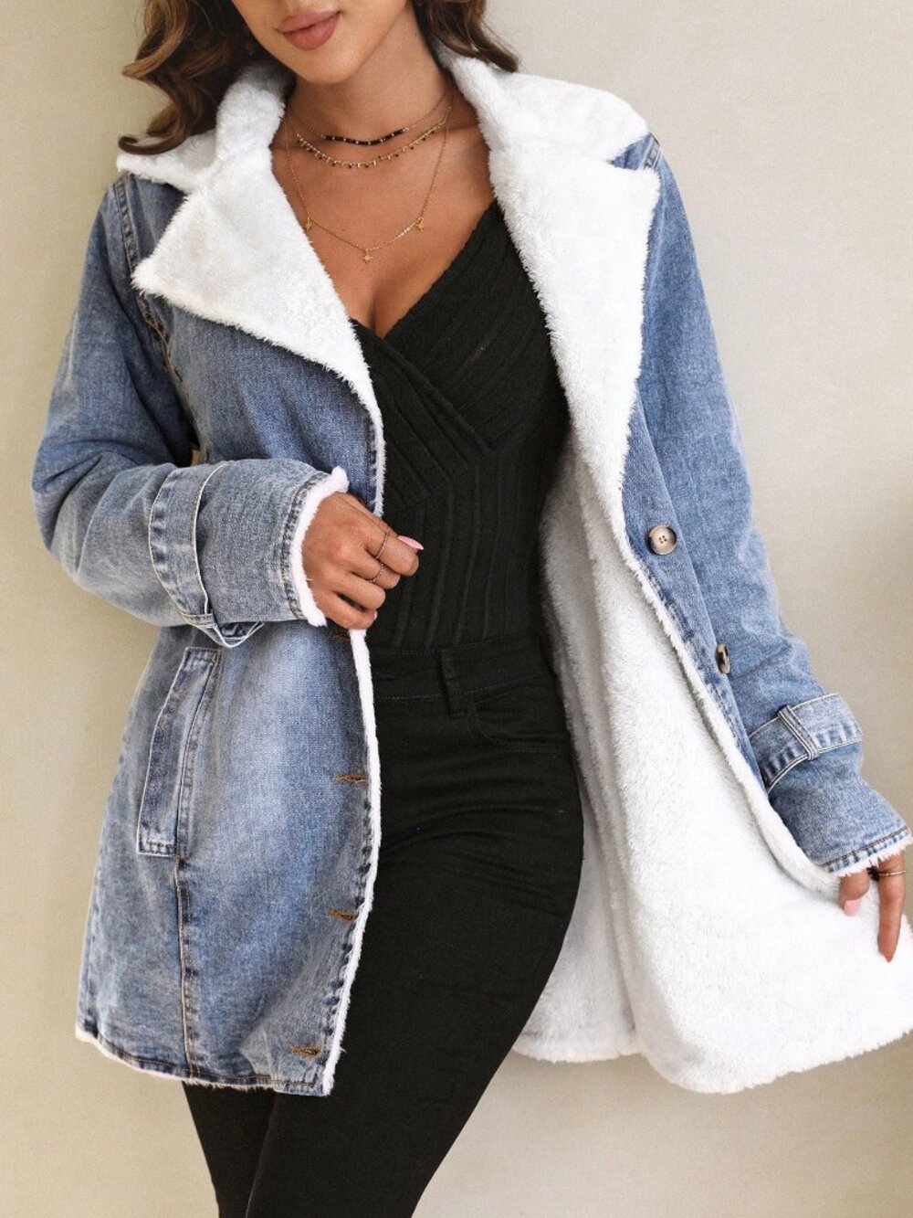 Casual Women's Teddy Lined Lapel light Wash Loose Denim acket